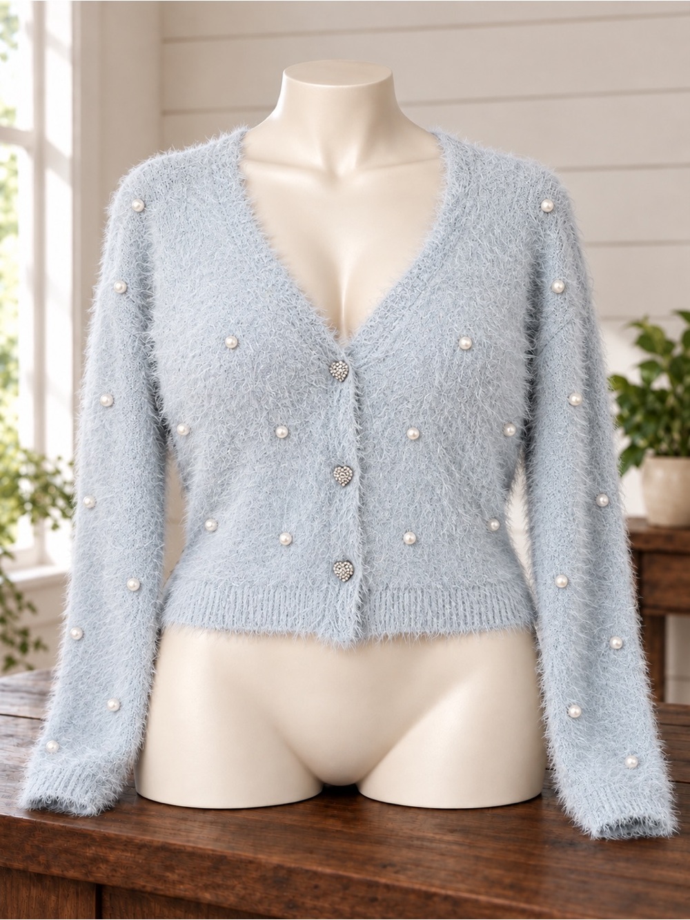 Cliche Fuzzy Pearl Button Cardigan in Blue Size Medium with pearls and heart but
